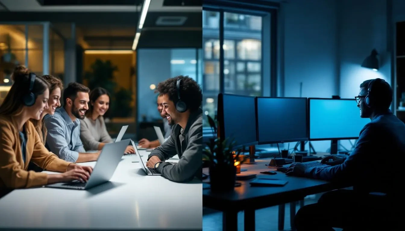 The image contrasts a vibrant virtual team meeting on a video call, showcasing engaged remote workers collaborating, with an isolated remote employee sitting alone at a desk, highlighting the challenges of remote work and the potential for burnout. This visual representation emphasizes the importance of work life balance and employee well being in the context of the remote work paradox.